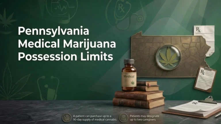 Graphic detailing Pennsylvania Medical Marijuana Possession Limits, featuring a medicine bottle, books, and state map background with rules on 90-day supplies and caregiver designation.