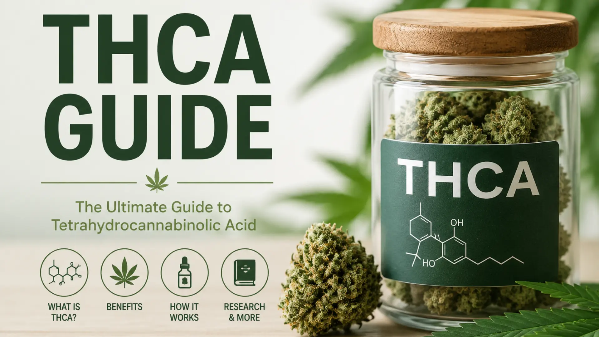 An educational infographic titled "THCA Guide: The Ultimate Guide to Tetrahydrocannabinolic Acid" next to a glass jar filled with cannabis flower buds. Icons below the text outline guide sections: "What is THCA?", "Benefits", "How it Works", and "Research & More.