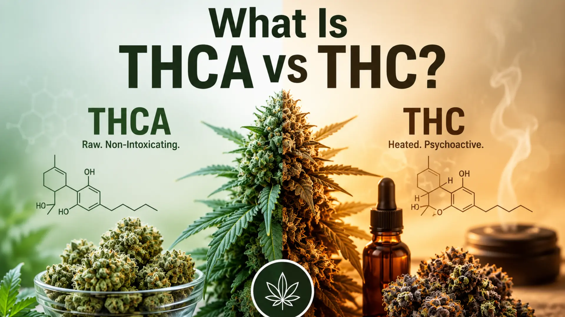 Illustration comparing What Is THCA vs THC with cannabis flower, medical marijuana products, and a visual representation of the differences between raw THCA and activated THC