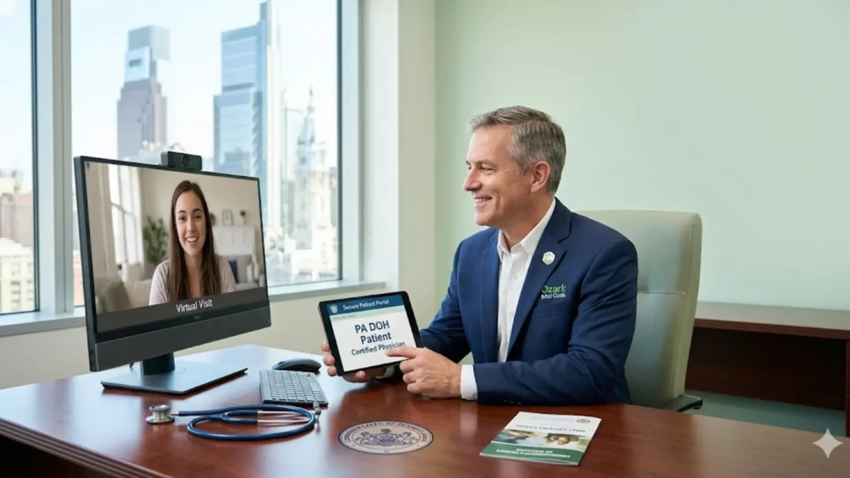 A licensed physician with Ozark MMJ Cards conducts a secure online telehealth evaluation from a modern office with the Philadelphia skyline visible, demonstrating how certified medical marijuana doctors in Pennsylvania assist patients through a simple, state-approved virtual visit.