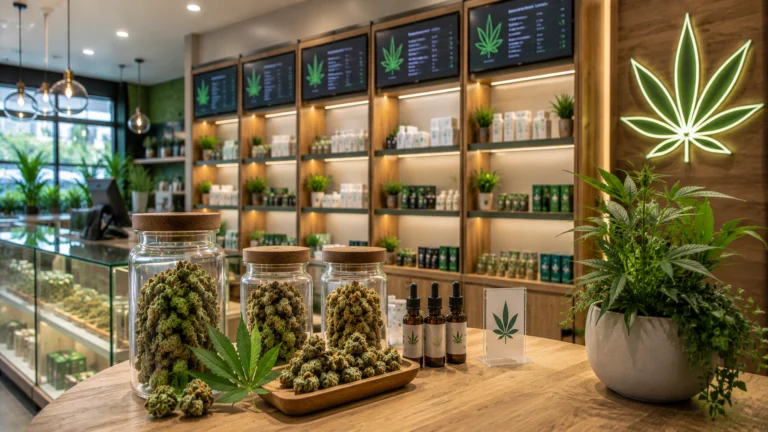 An interior view of a professional cannabis dispensaries in Pennsylvania, with wooden shelving, cannabis jars, oil tinctures, and a neon marijuana leaf sign.