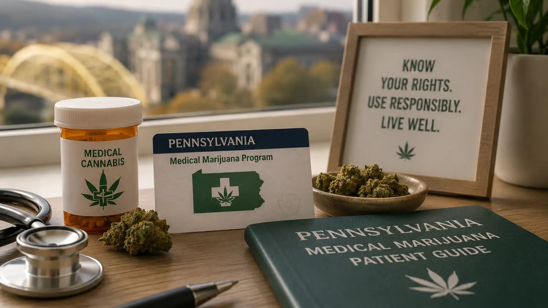 Calm indoor medical scene showing Medical Marijuana PA, including a Pennsylvania medical marijuana card, a cannabis product container, and patient wellness items, with a city view in the background symbolizing legal medical cannabis use and patient care.