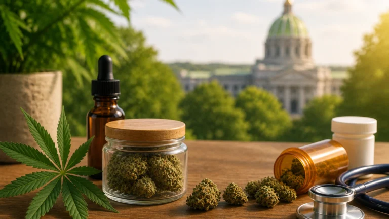 Medical cannabis products including dried marijuana buds, tincture bottle, and prescription containers displayed on a table with a stethoscope, with a government building in the background, illustrating the question “Is Medical Marijuana Legal in Pennsylvania?