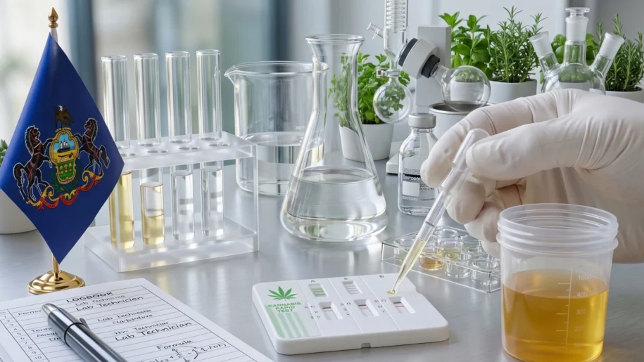 A gloved hand uses a pipette to place a sample on a rapid THC drug test in a professional laboratory setting.