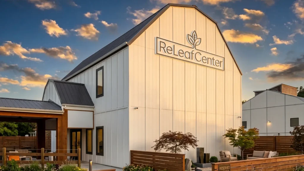 A wide, welcoming shot of The ReLeaf Center during sunset, featuring a large, two-story modern farmhouse style building with white vertical siding and a visible logo, set behind a well-landscaped courtyard with a concrete path and wooden fences.