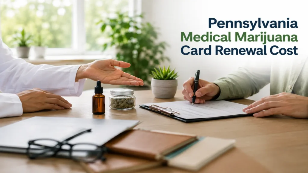 Doctor gesturing toward medical cannabis product samples while a patient fills out paperwork, with text reading "Pennsylvania Medical Marijuana Card Renewal Cost.