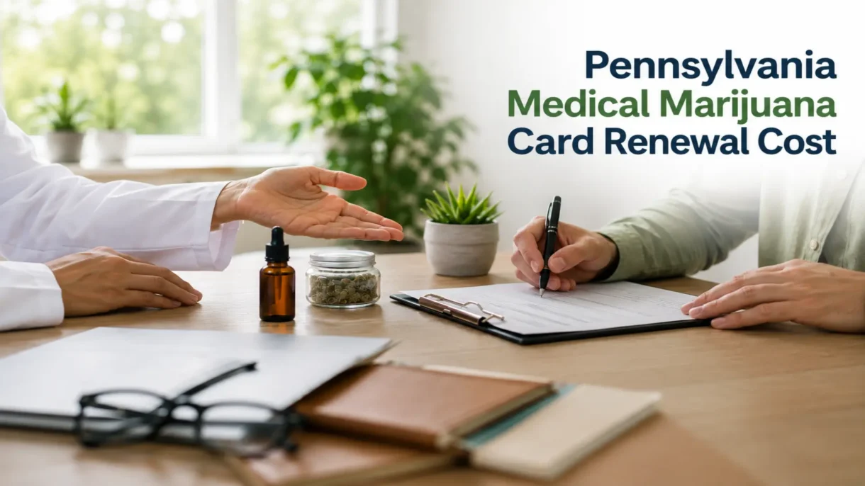 Doctor gesturing toward medical cannabis product samples while a patient fills out paperwork, with text reading "Pennsylvania Medical Marijuana Card Renewal Cost.