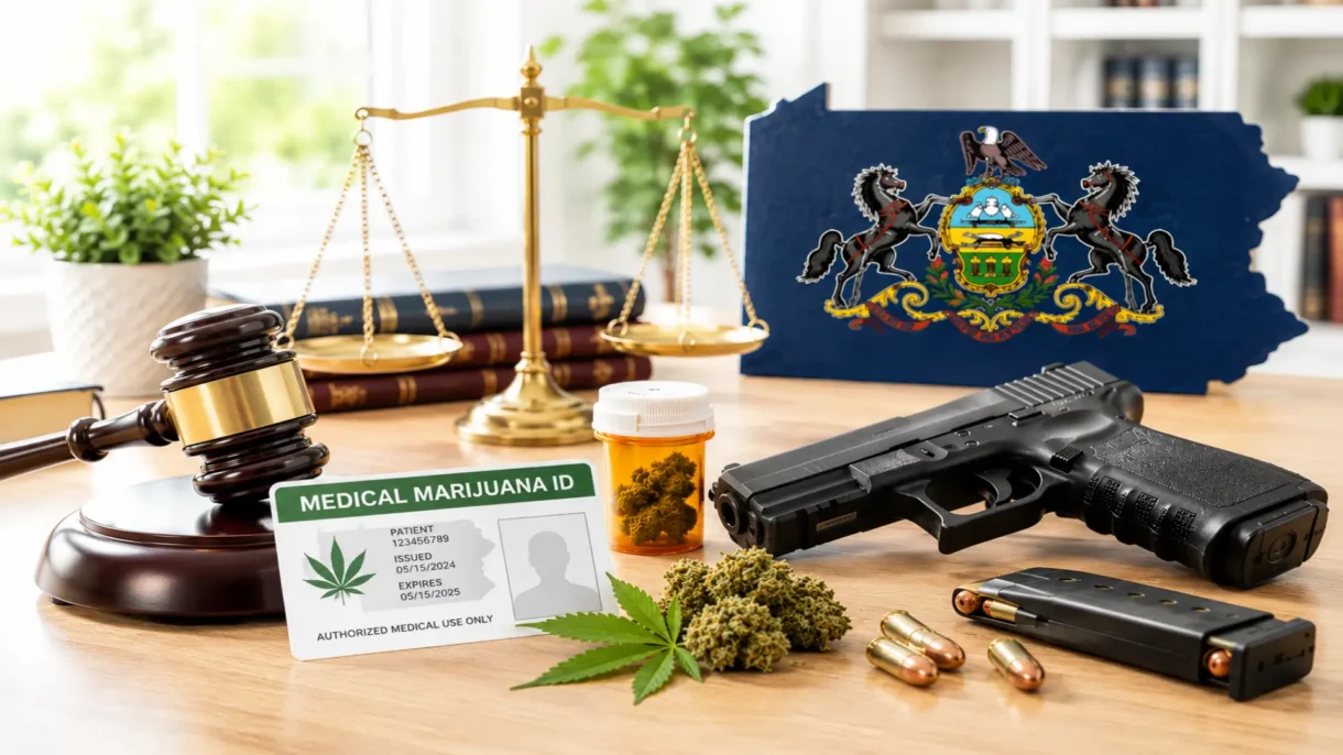 Can you buy a gun with a medical marijuana card is illustrated here with a Pennsylvania-specific medical cannabis ID, a handgun, a legal gavel, and scales of justice.