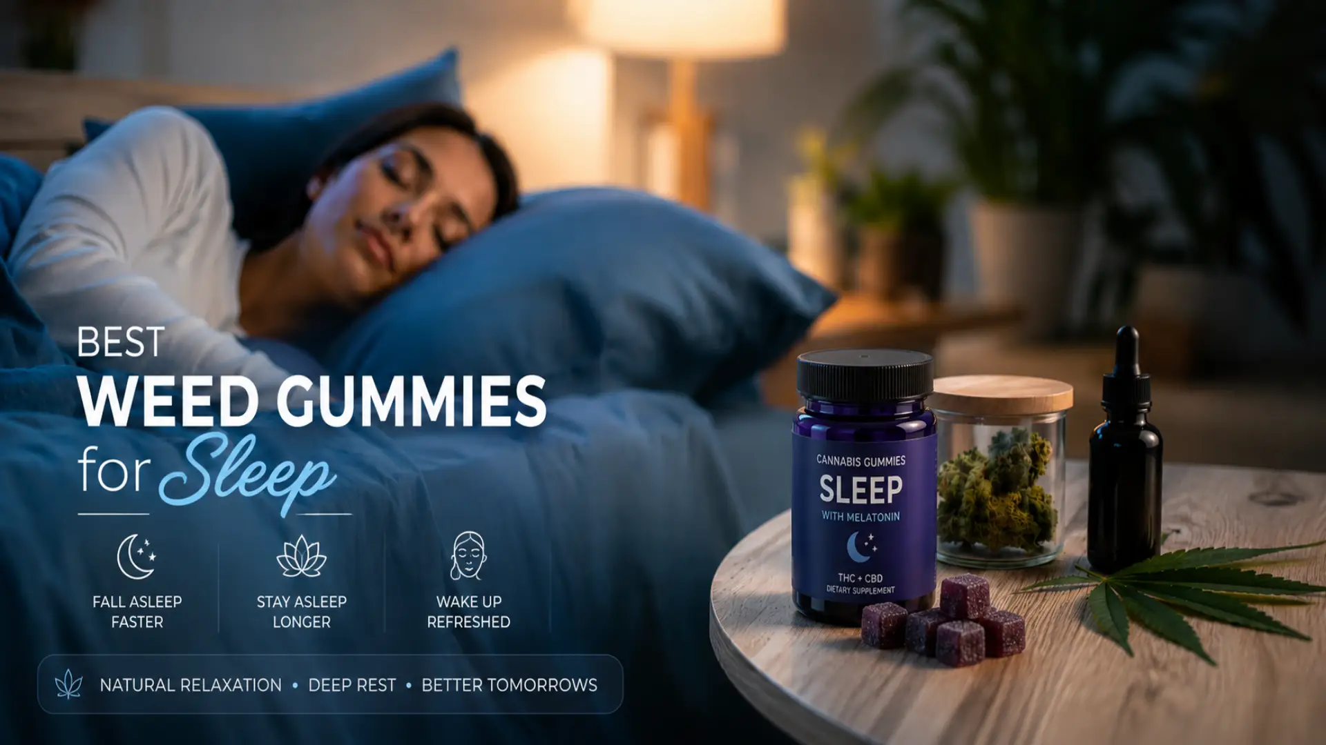 A woman sleeping peacefully in bed next to a bedside table displaying cannabis sleep gummies, a jar of cannabis flower, a dropper bottle, and text reading "Best Weed for Sleep."