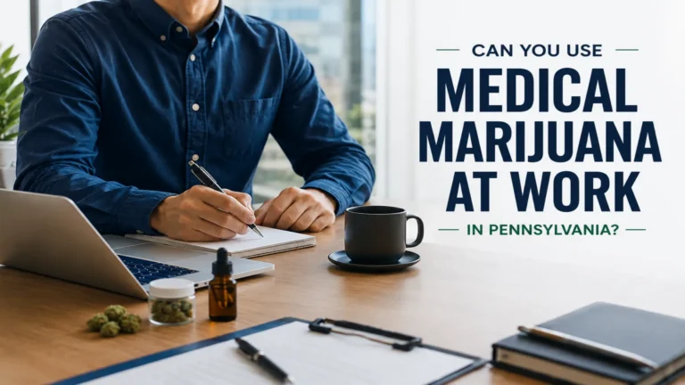 Graphic titled "Can You Use Medical Marijuana At Work In Pennsylvania?" showing a professional working at a desk, relevant to PA medical marijuana regulations.