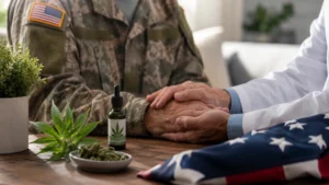 A medical professional comforting a military veteran in uniform at a table set with cannabis products, representing a Medical Marijuana Card for Veterans.