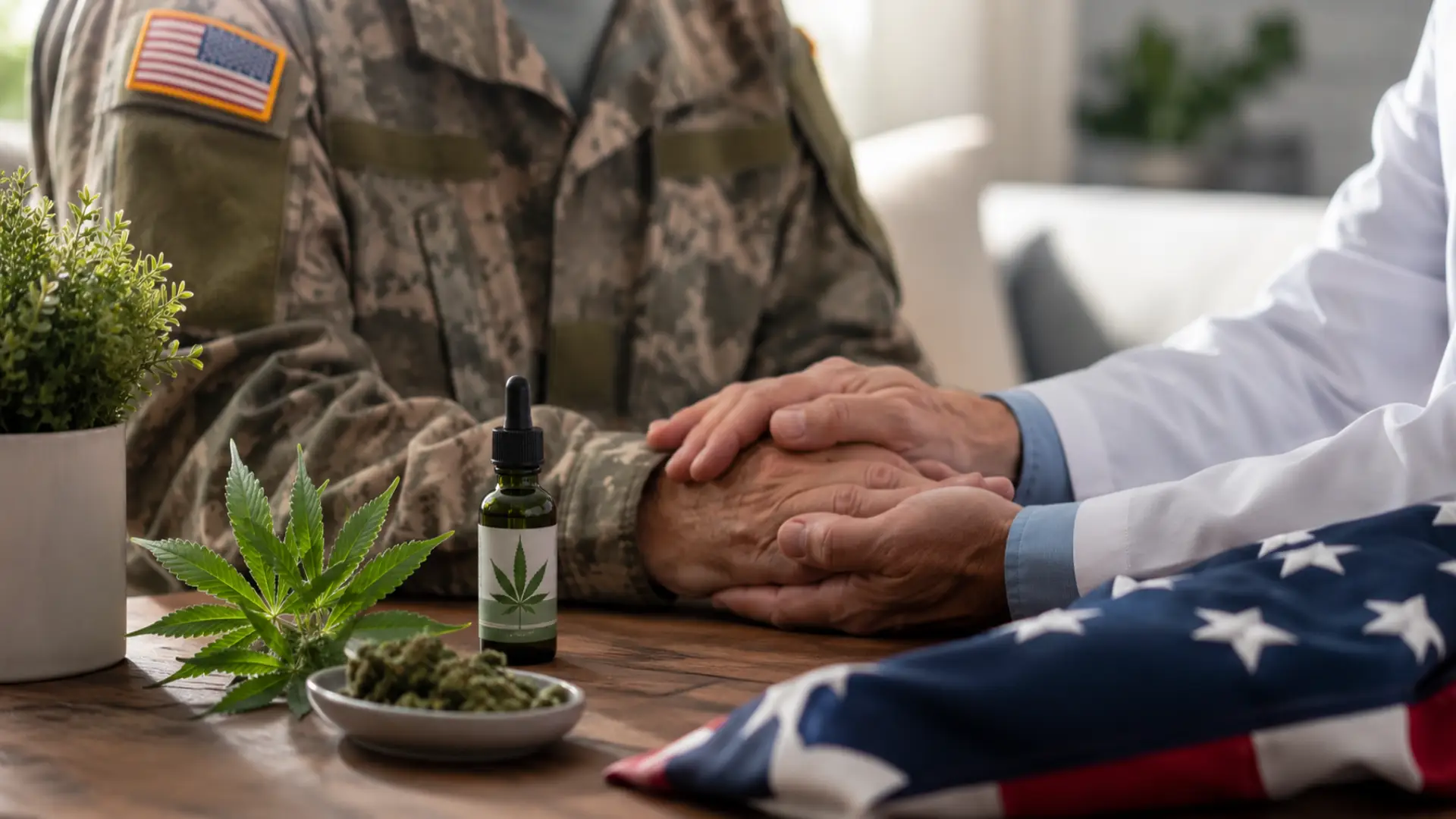 A medical professional comforting a military veteran in uniform at a table set with cannabis products, representing a Medical Marijuana Card for Veterans.
