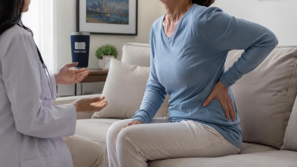 Female patient sitting on a couch touching her lower back while speaking with a doctor in a white lab coat about chronic Nerve Pain Treatment options in Pennsylvania.
