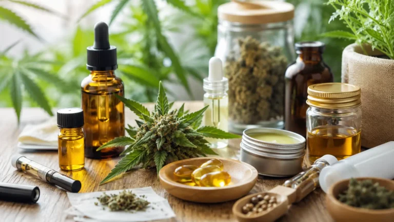 An array of medical marijuana products, including oil tincture bottles, capsules, topicals, vape pens, and raw cannabis flower displayed on a wooden table.