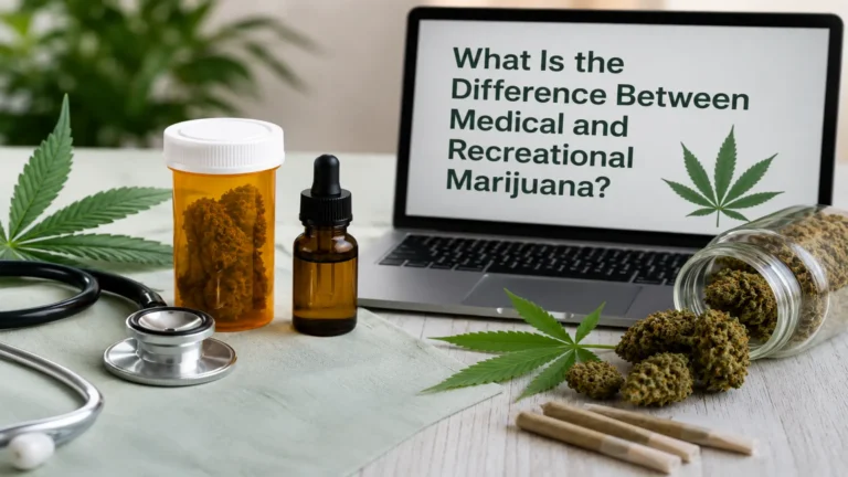 Medical VS Recreational Marijuana comparison featuring a stethoscope, prescription bottle, dropper, and cannabis buds next to a laptop.