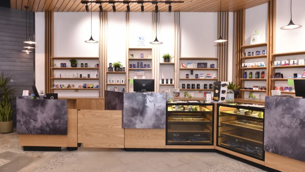 Interior showroom and customer service counter at Beyond Hello Dispensary in Center City Philadelphia.