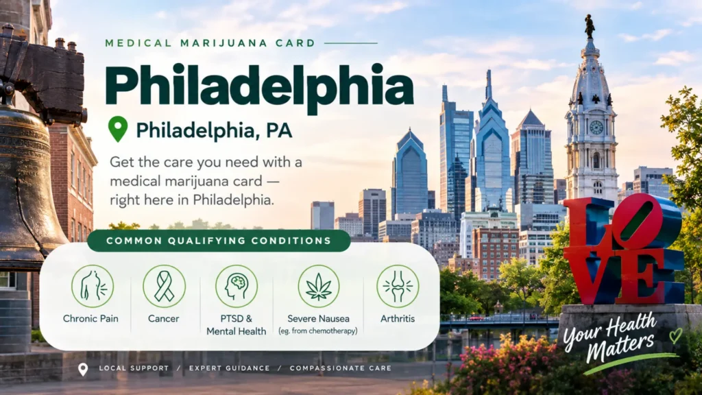 Information on getting a medical marijuana card in Philadelphia showing common qualifying conditions.