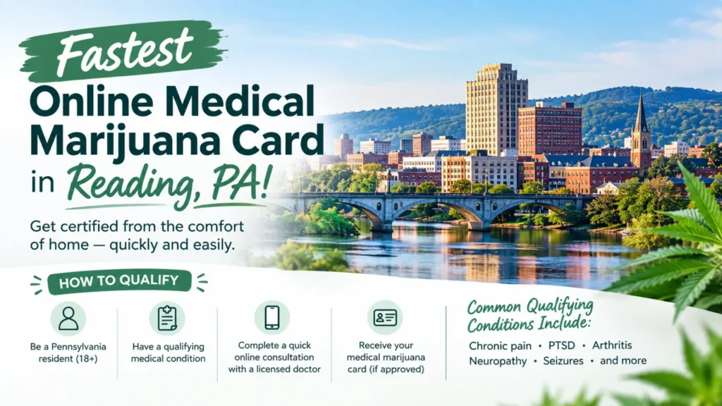 Medical marijuana card in Reading, PA, with online qualification steps and Reading cityscape.