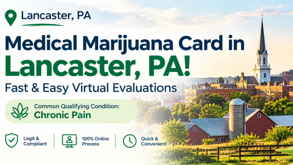 Medical marijuana card in Lancaster, PA, with a Lancaster city and countryside background and chronic pain listed as a common qualifying condition.