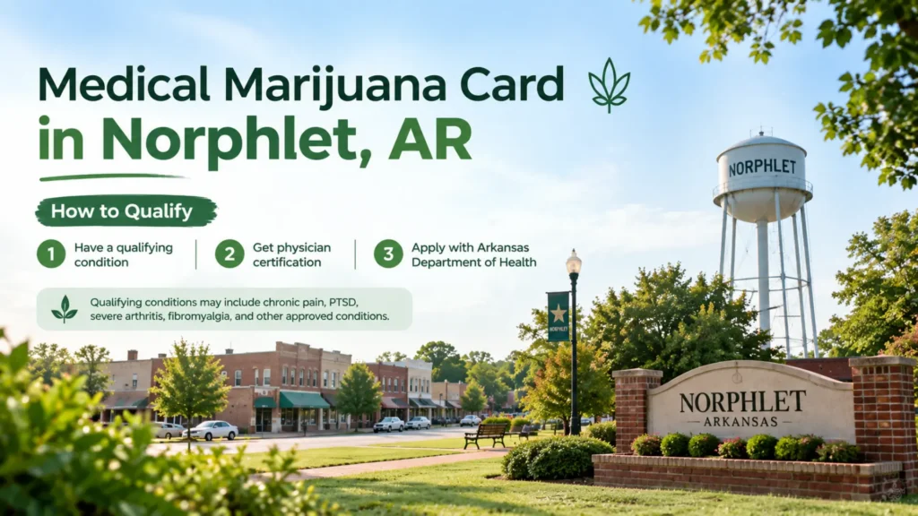 Medical Marijuana Card in Norphlet, AR with a hyper-local Norphlet streetscape, water tower, and city sign, featuring simple steps for qualifying, physician certification, and applying for an Arkansas medical marijuana card