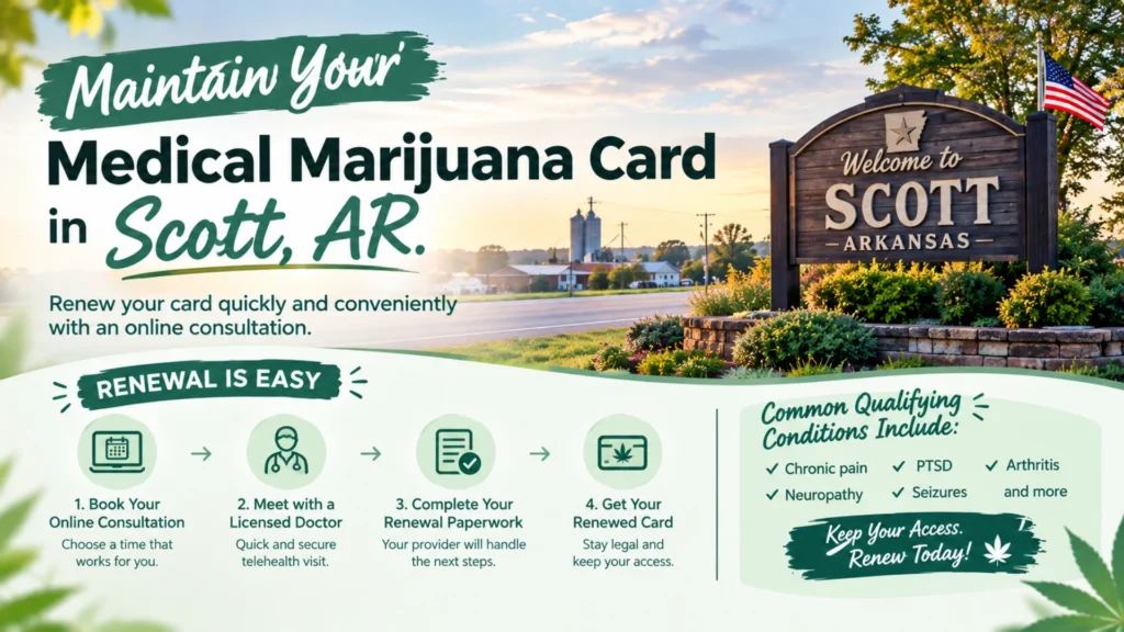 Medical marijuana card in Scott, AR, featuring a local roadside scene and online medical marijuana card renewal steps.