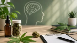 Medical Marijuana for ADHD in Pennsylvania with cannabis products, brain illustration, and healthcare workspace symbolizing medical cannabis evaluations and patient care.
