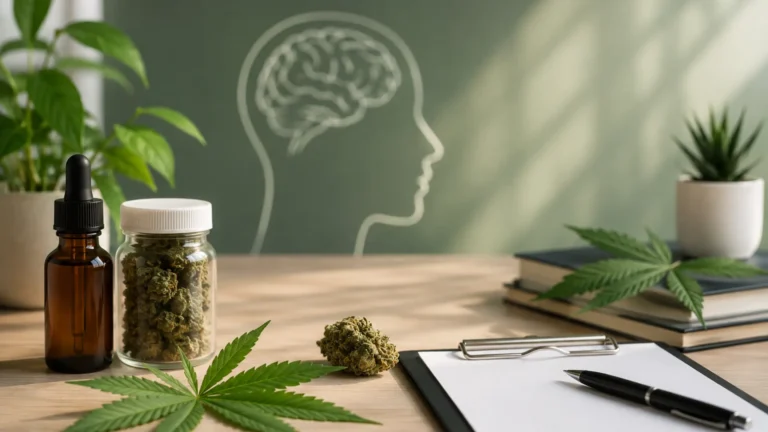 Medical Marijuana for ADHD in Pennsylvania with cannabis products, brain illustration, and healthcare workspace symbolizing medical cannabis evaluations and patient care.