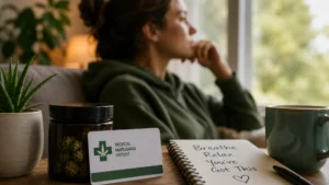 A woman sitting by a window reflecting quietly beside a medical marijuana card Pennsylvania and cannabis container in a calm home setting.