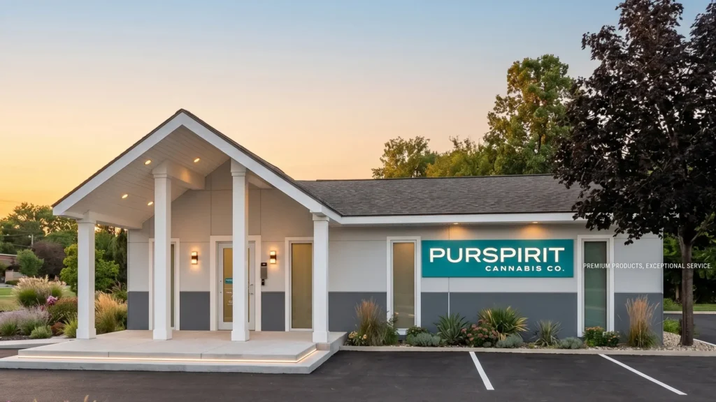 Front entrance and exterior building of Purspirit Cannabis Co. medical marijuana dispensary in Fayetteville, Arkansas.