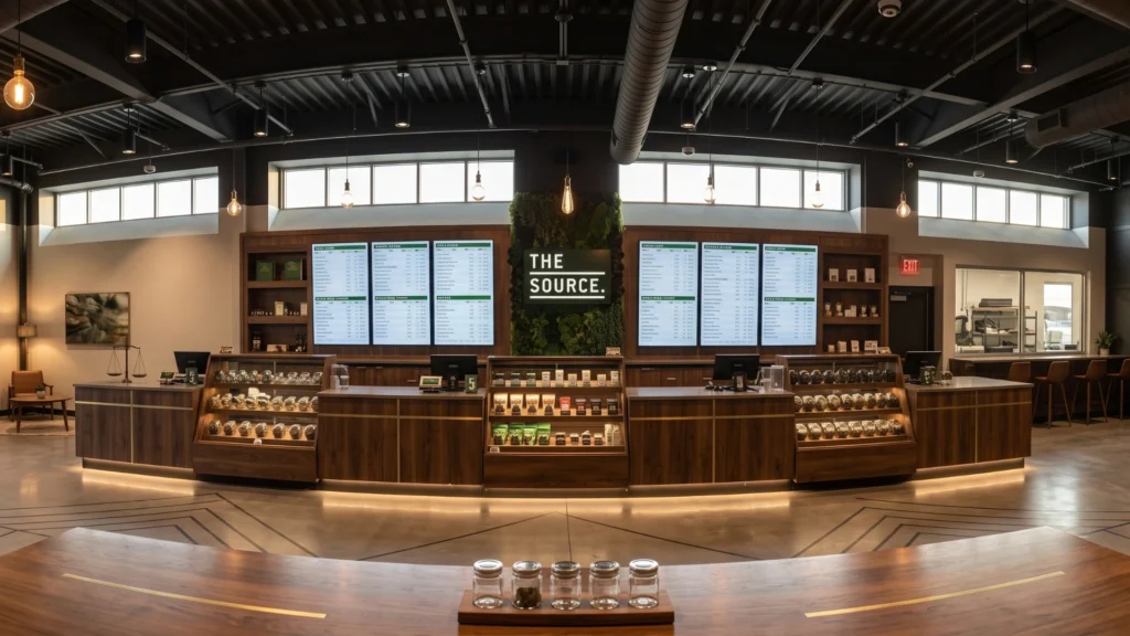 Wide view of the interior counter at The Source dispensary, displaying glass product cases, digital menu boards, and a green moss wall logo.